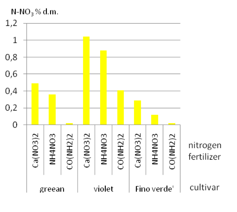 Fig. 1. Effect of cultivar and nitrogen fertilizer on content N-NO3 and N-total in basil herb.